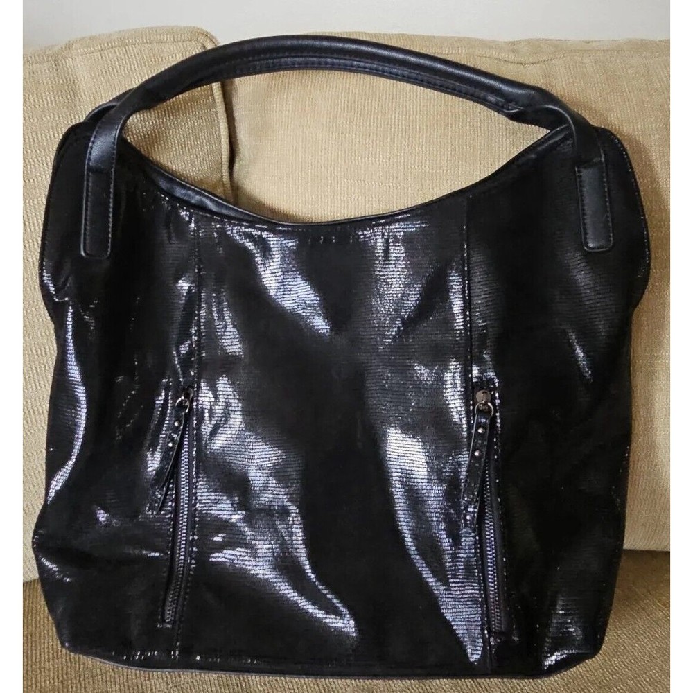 Sondra Roberts Shinny Black Leather Tote Shoulder Bag EUC